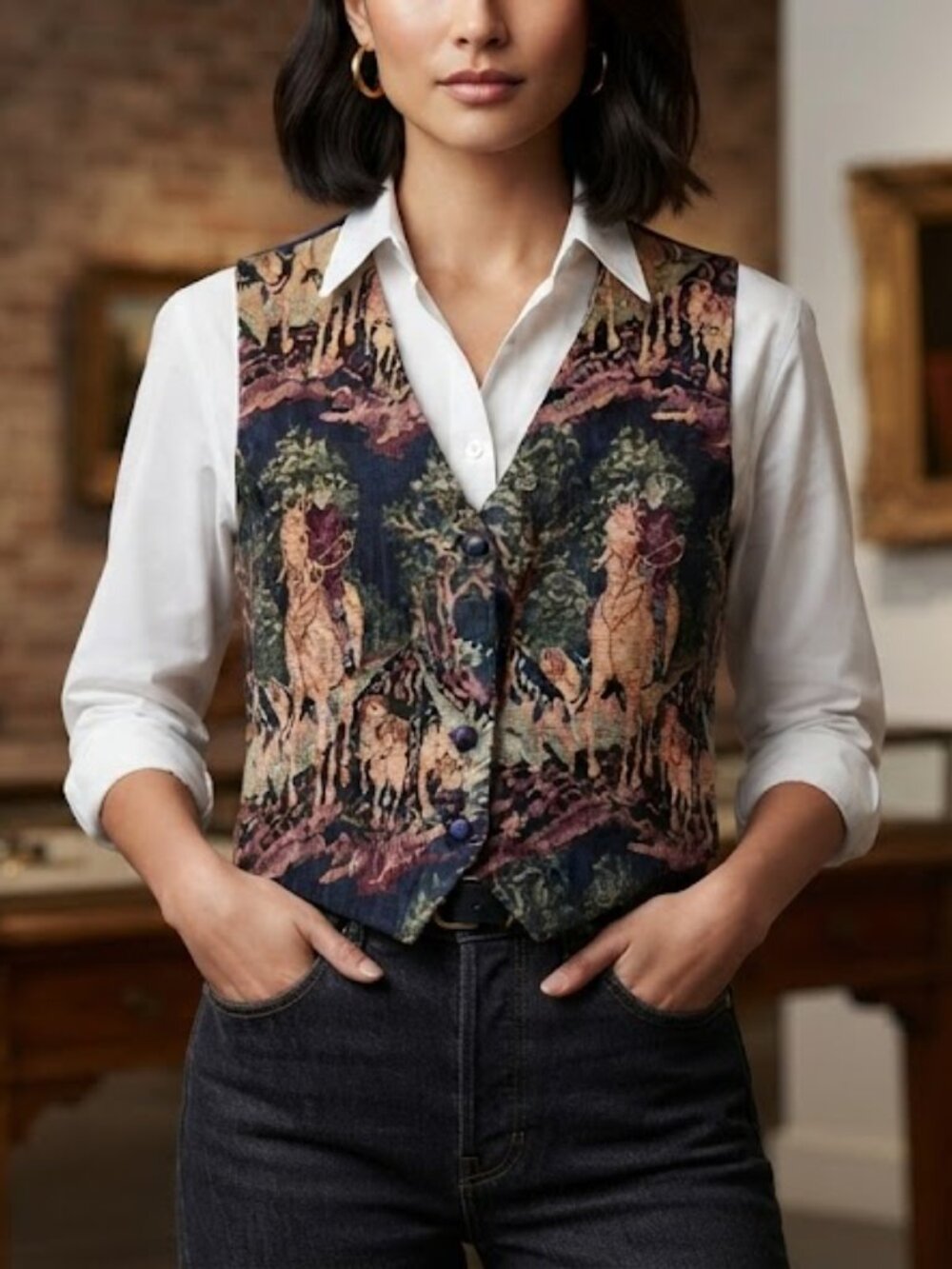 Tabi 90's Navy Cross Stitch Tapestry Equestrian Vest